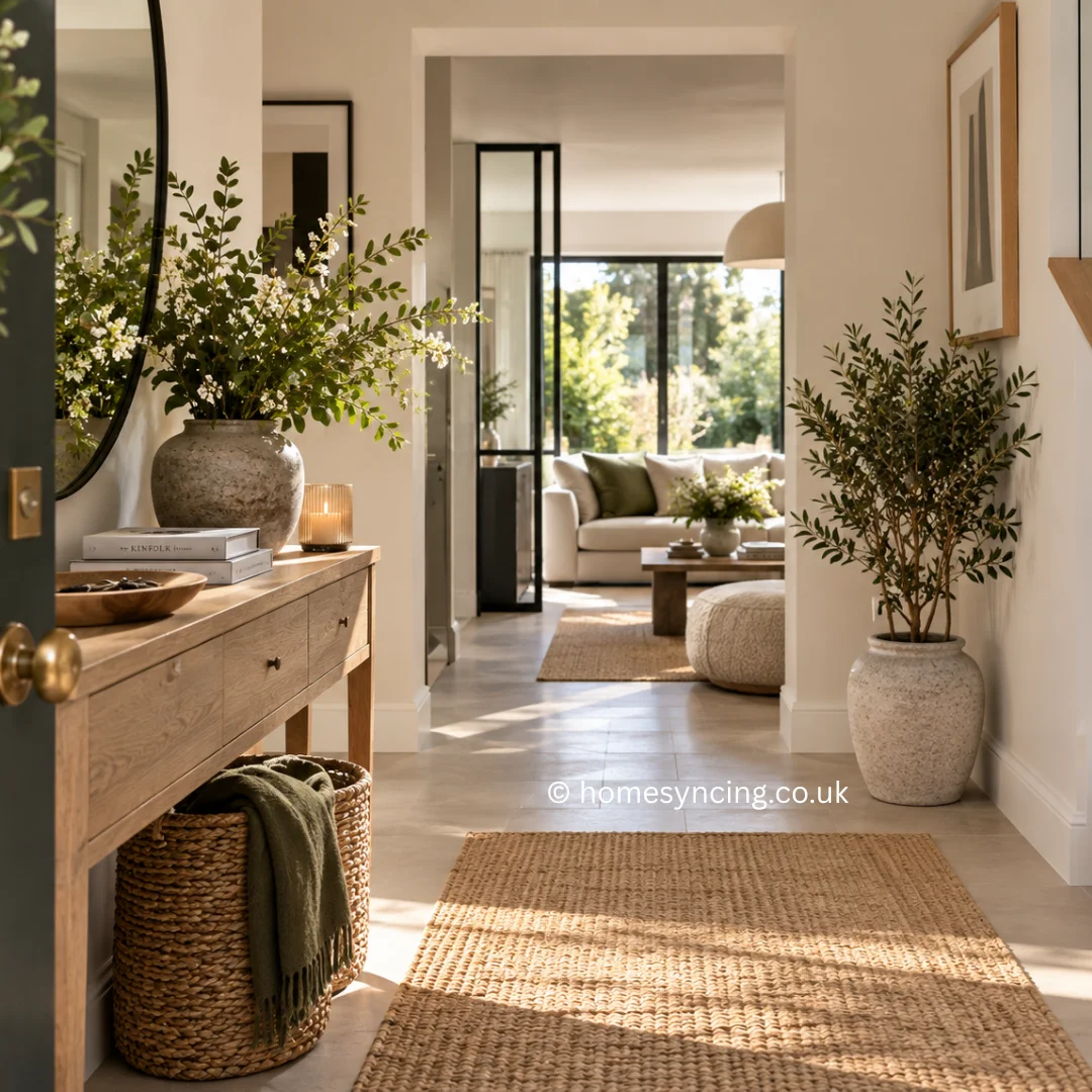 Bright, welcoming hallway with warm oak furniture, natural textures, soft neutral tones and fresh greenery, creating a calm and contemporary entrance to the home.