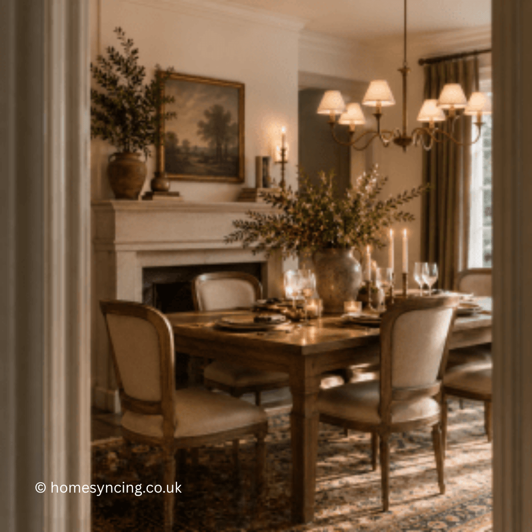 A warm, elegant dining room with a rustic wooden table, upholstered chairs, soft candlelight, greenery and a traditional chandelier.