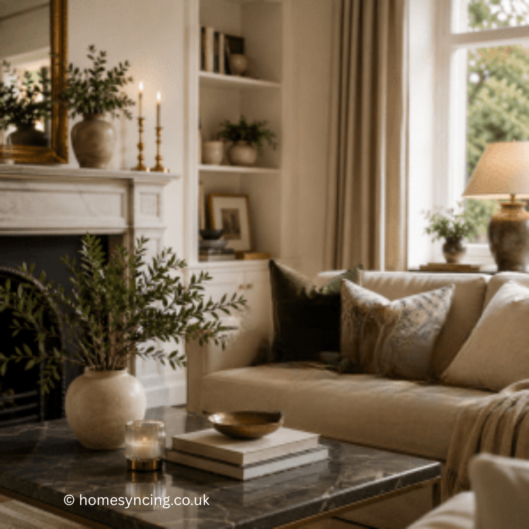 An elegant neutral living room with a cream sofa, marble coffee table, traditional fireplace, layered cushions, soft lighting and natural greenery.