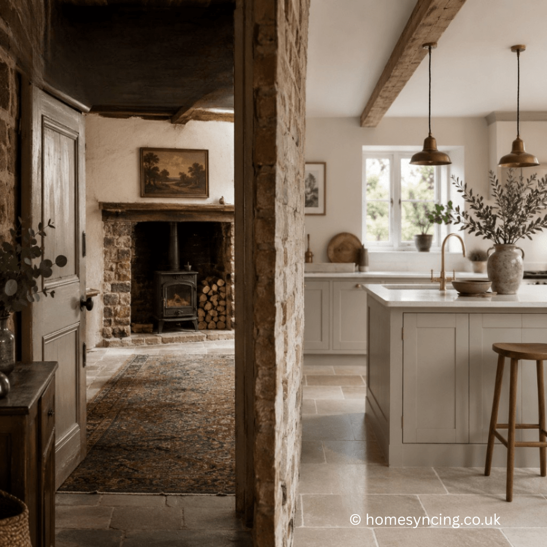A characterful country home renovation blending an original stone fireplace and exposed beams with a light, contemporary kitchen and natural finishes.