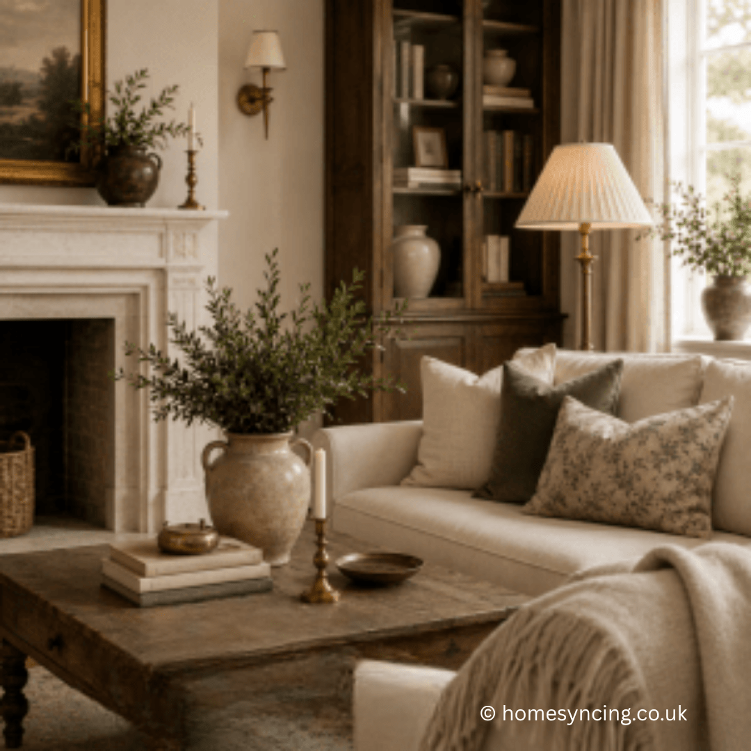 A timeless neutral living room with a cream sofa, rustic wooden coffee table, traditional fireplace, dark wood cabinet and softly layered natural textures.