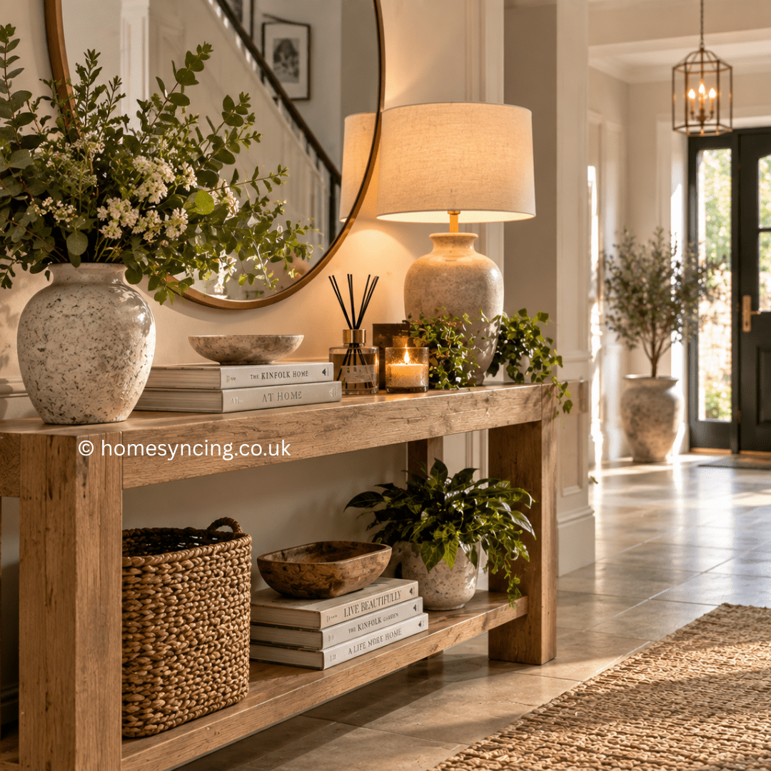 Bright, welcoming hallway with a beautifully styled oak console table, layered with a statement mirror, ceramic lamp, greenery, books, candle and natural woven textures.