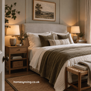 Bedroom Scene. Double Bed dressed with cushions and Throws and Bedside tables dressed with Lamps.