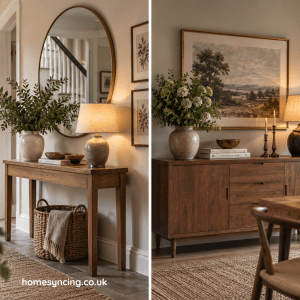 Split Screen Image of Console table and Sideboard.