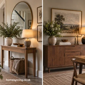 Split Screen Image of Console table and Sideboard.