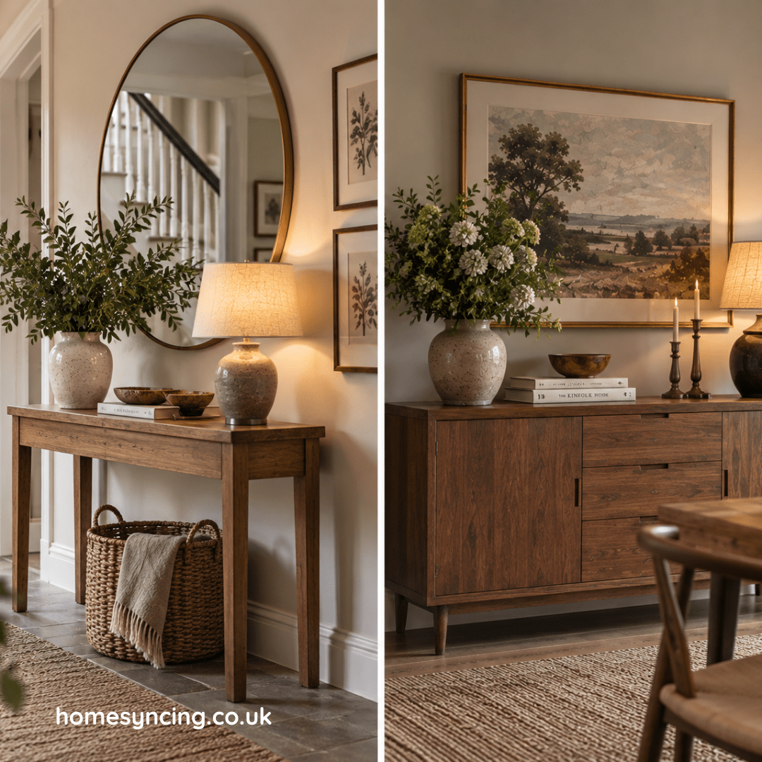 Split Screen Image of Console table and Sideboard.