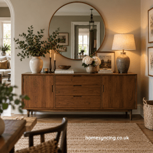Room with Sideboard dressed with vases and lamps and large mirror above
